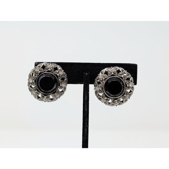 Monet Jewelry - Vintage Monet Clip On Earrings Silver Tone Black Filigree Round Butterflies